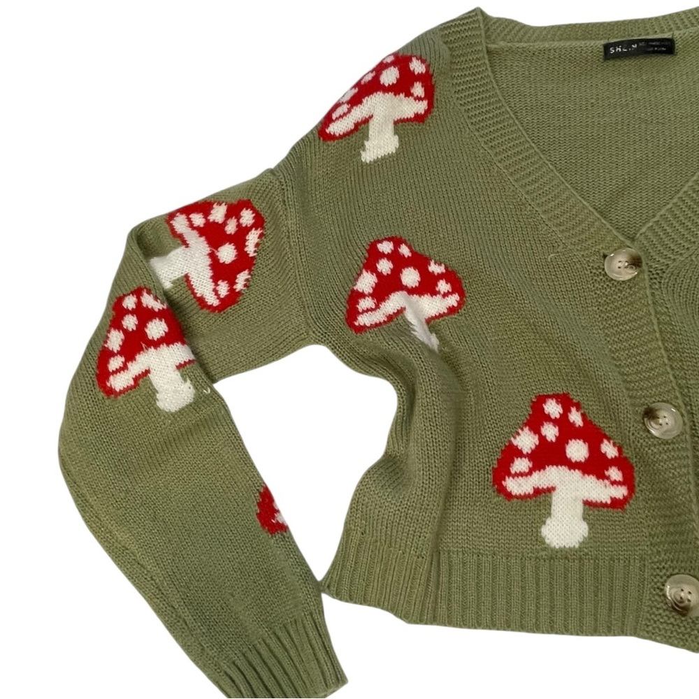 Green Mushroom Patterned Cardigan Sweater - Picture 2 of 6